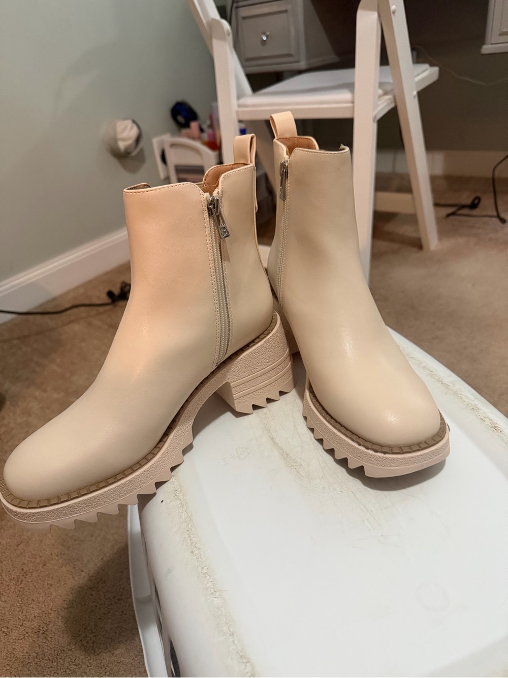 Sam & Libby. Beige Chunky Sole Ankle Boots - Women's